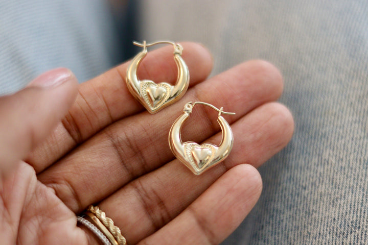 10K Yellow Gold Heart Hoops