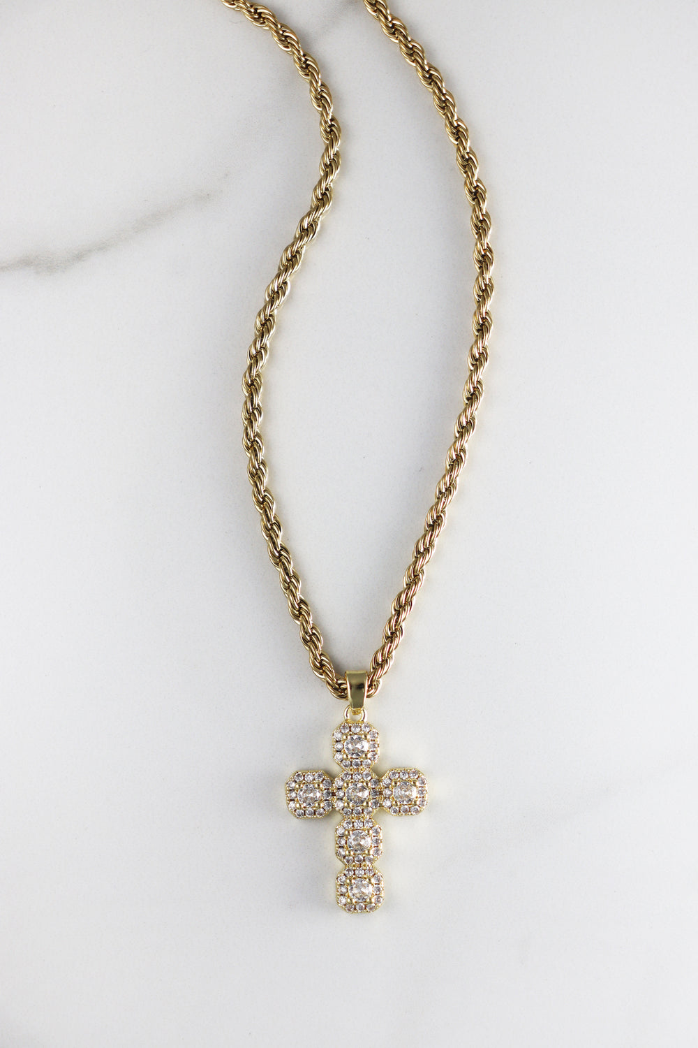 Gold plated cross necklace with CZ stones, available in two options—colorful cubic zirconia or classic diamond-like stones, stylish and affordable costume jewelry for women.