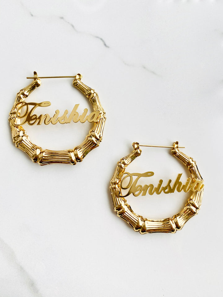 Gold plated custom name hoop earrings for women, lightweight and tarnish resistant, stylish fashion jewelry perfect for everyday wear or stacking.