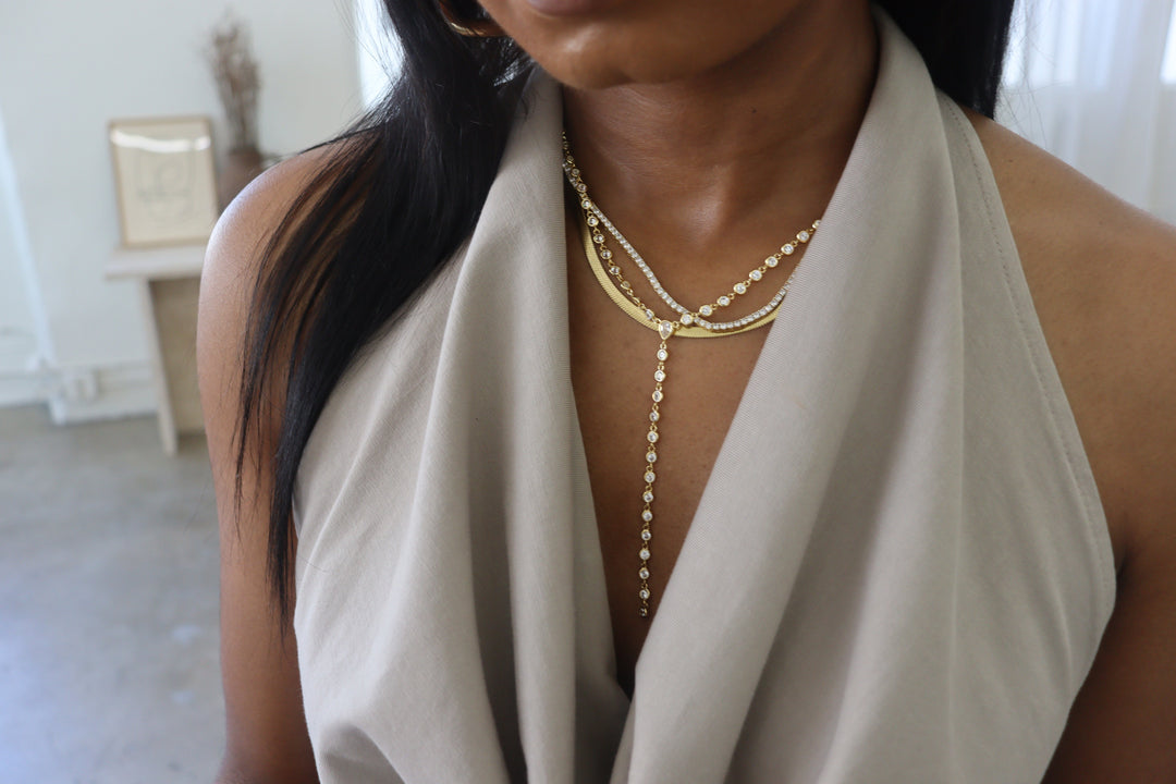 The Layer You’ll Never Want to Take Off: Gold Plated Diamond Tennis Choker + Herringbone Necklace