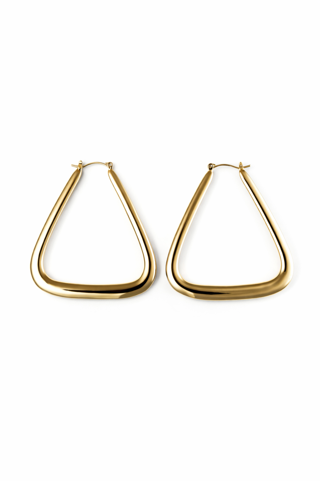Gold triangle hoop earrings on a white background