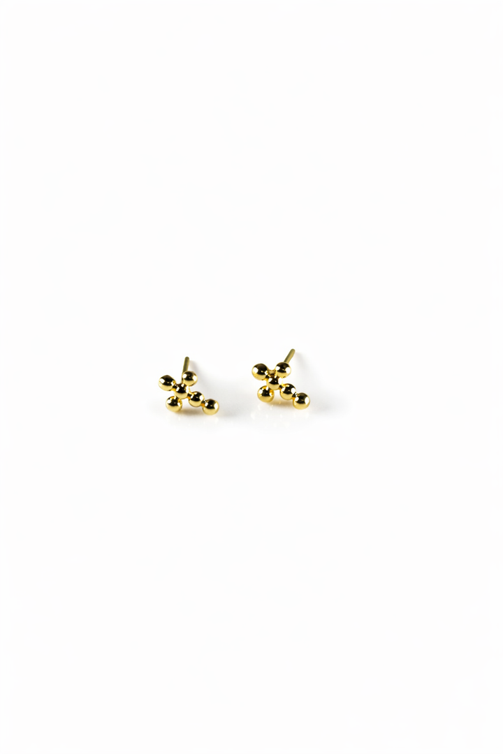 Pair of gold cross stud earrings on a white background