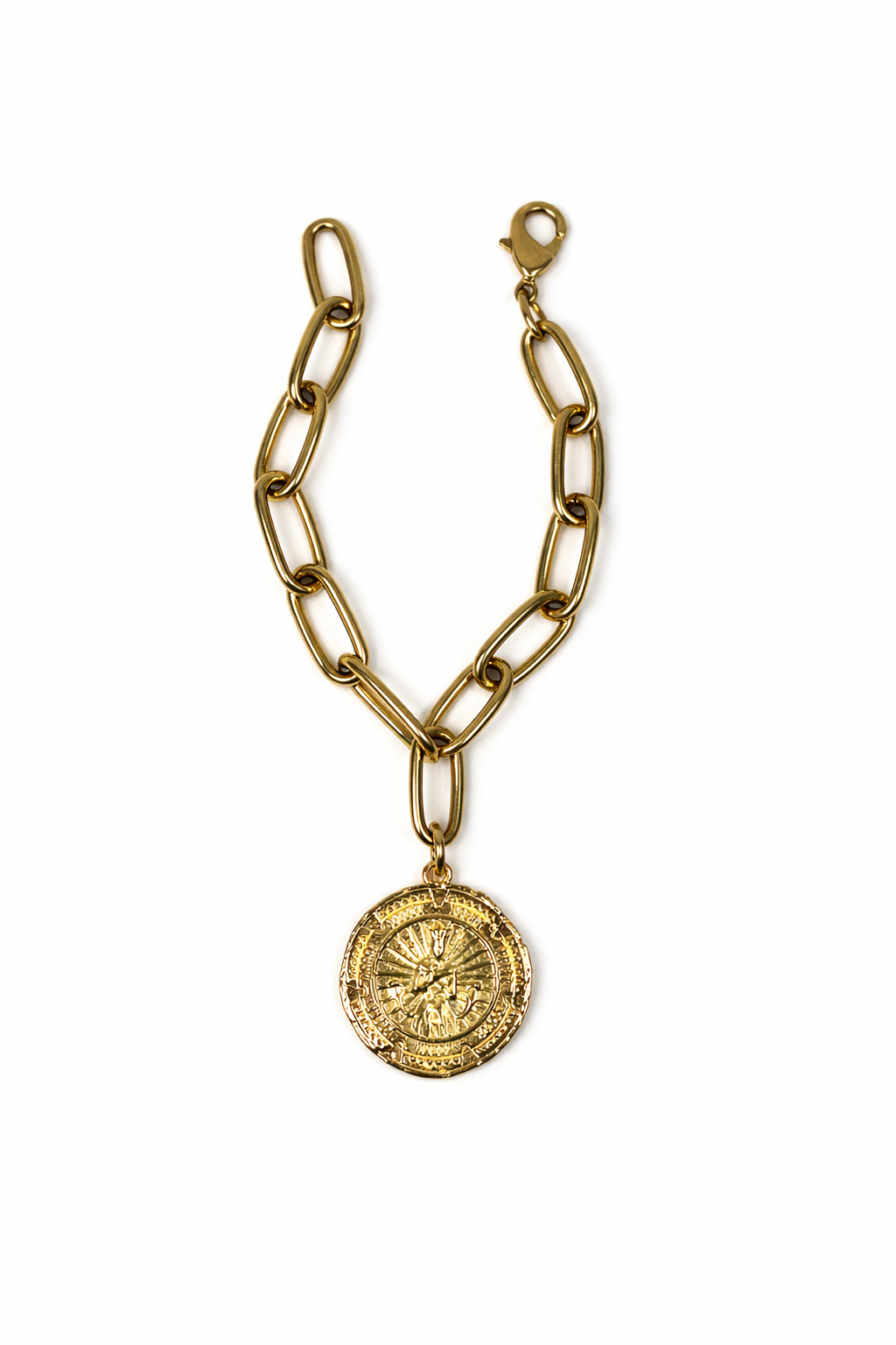 Gold chain bracelet with a goddess medallion pendant coin on a white background