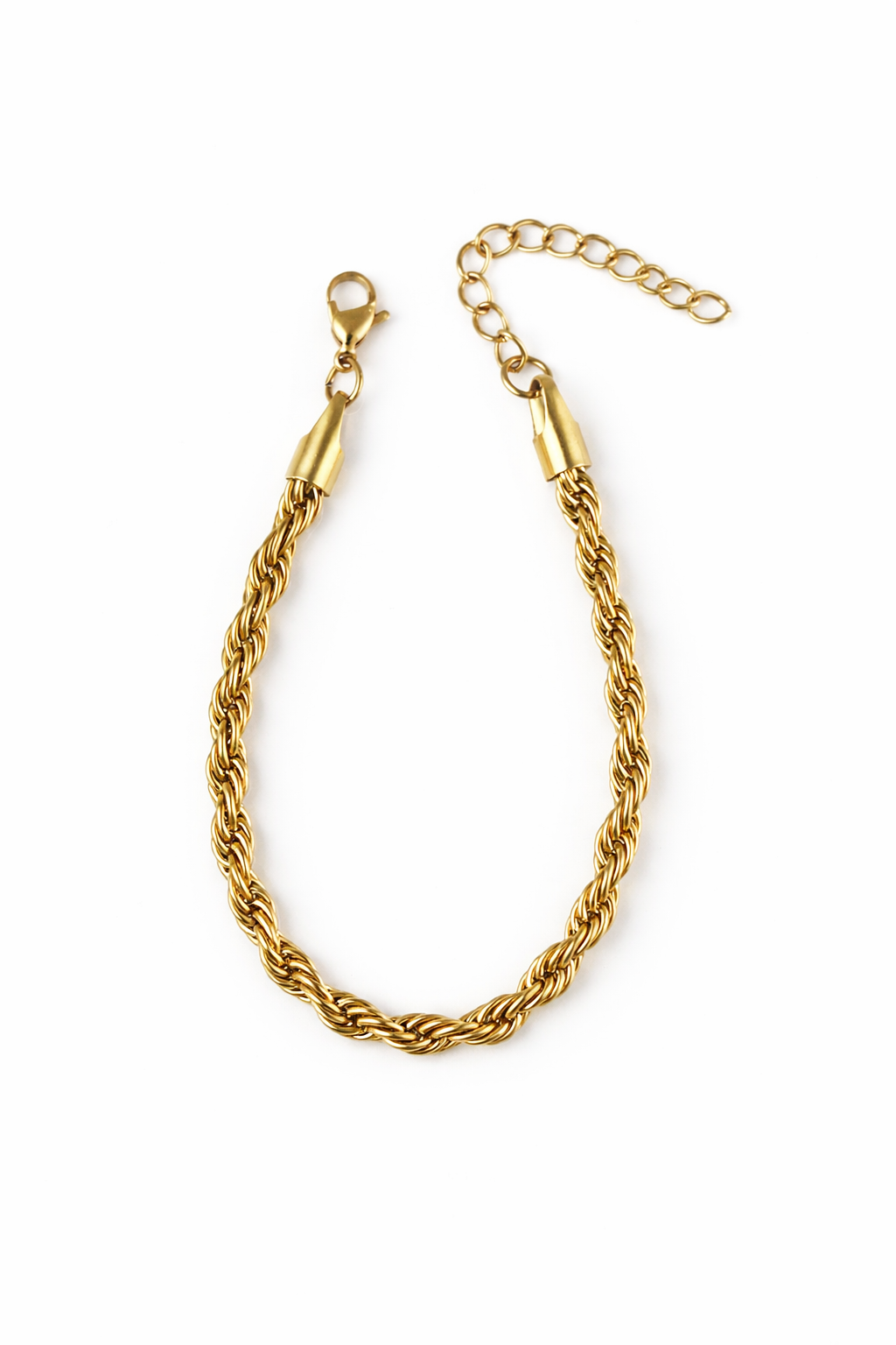 Gold rope chain bracelet on a white background