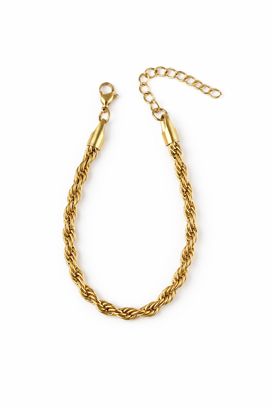 Gold rope chain bracelet on a white background