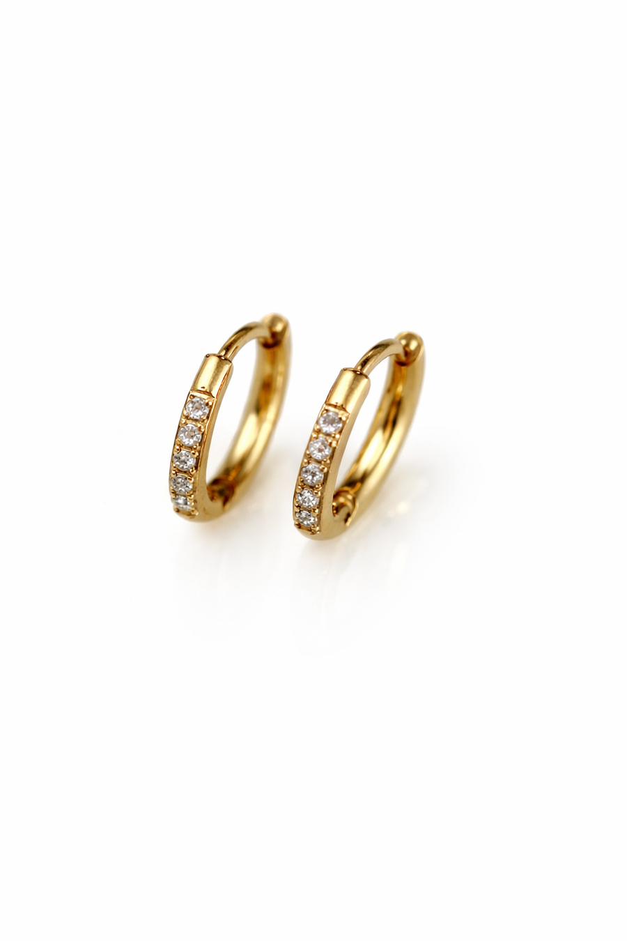 Gold hoop earrings with embedded stones on a white background