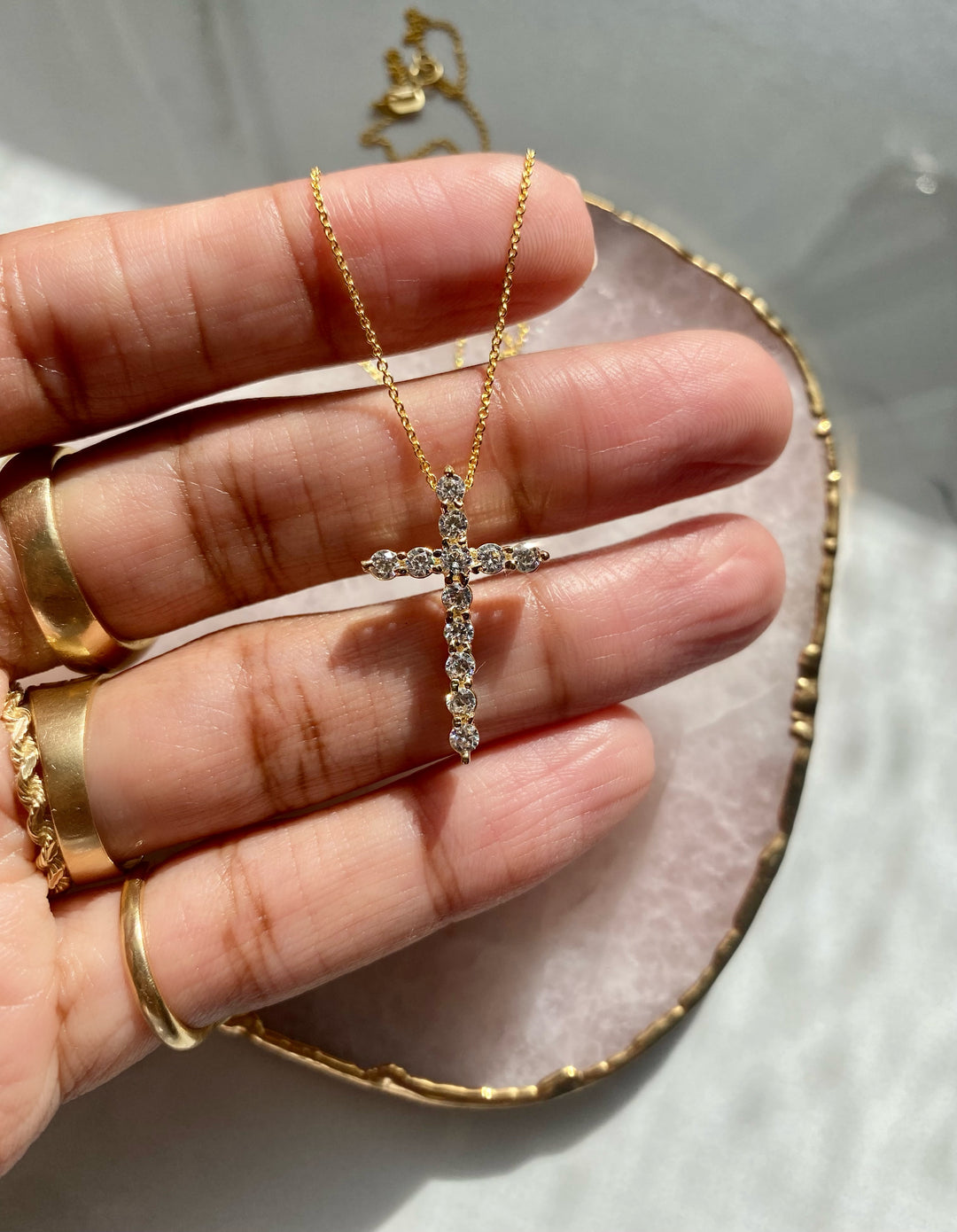14k Yellow Gold and CZ Cross Necklace